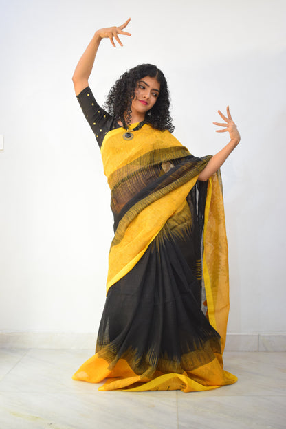 Manah- Yellow & Black Linen Jamdani Saree