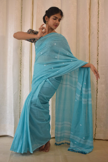 Pavani:  Turqoise Blue Mulmul Buti Saree