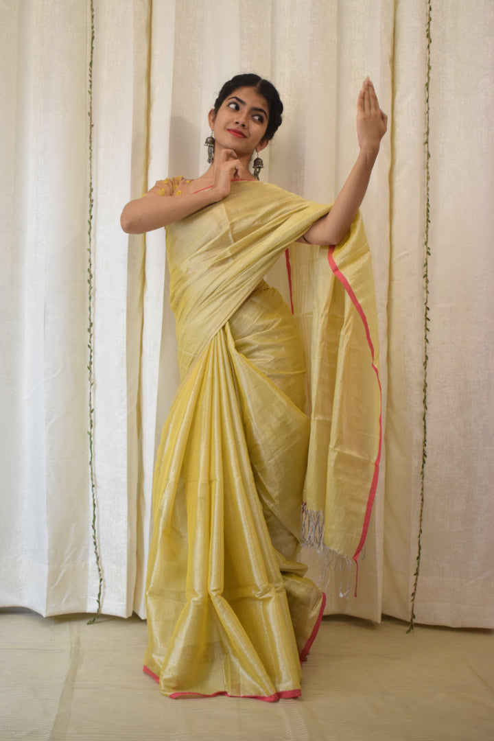 Ābhā: Subtle Gold Zari-Linen Tissue Saree