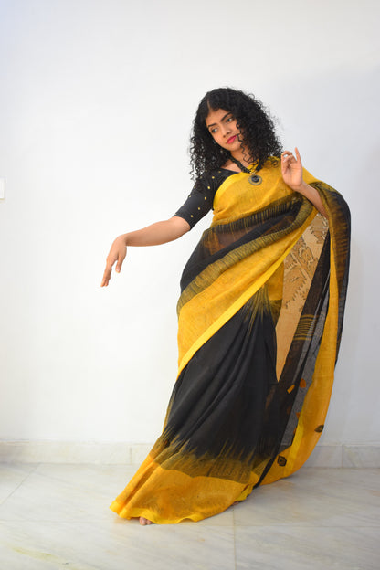 Manah- Yellow & Black Linen Jamdani Saree