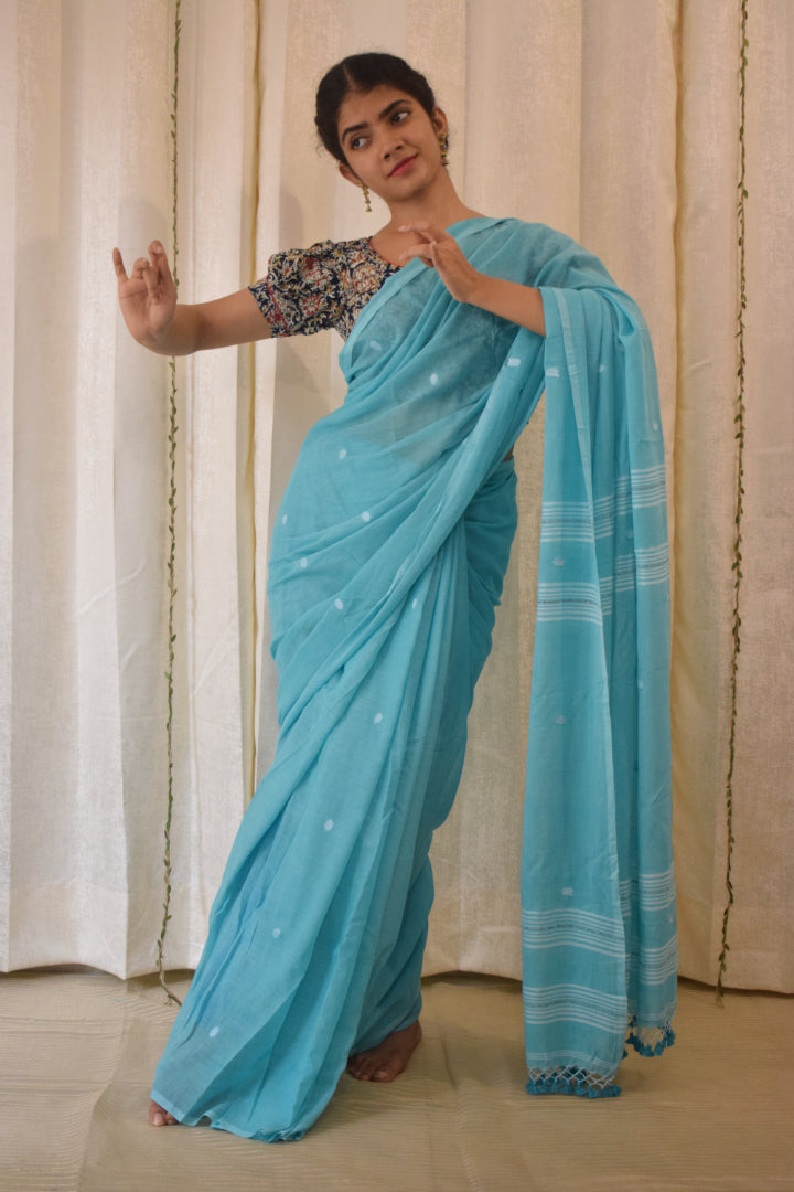 Pavani:  Turqoise Blue Mulmul Buti Saree