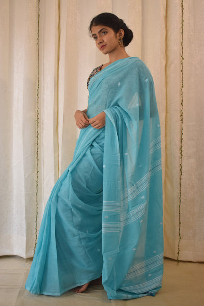 Pavani:  Turqoise Blue Mulmul Buti Saree