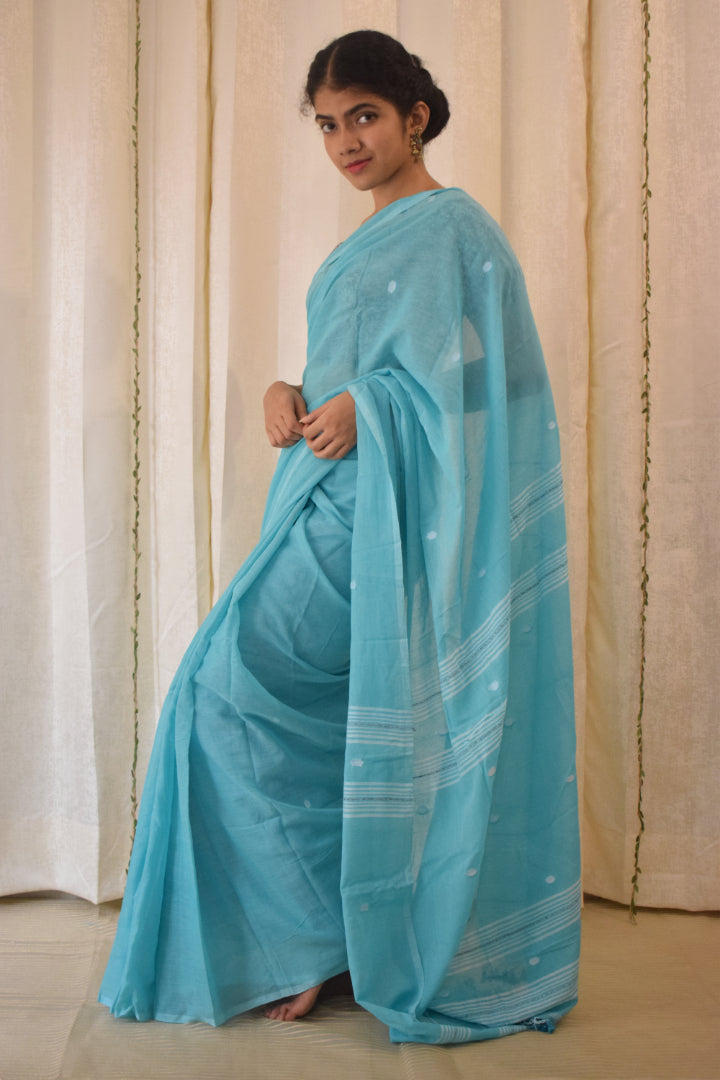 Pavani:  Turqoise Blue Mulmul Buti Saree