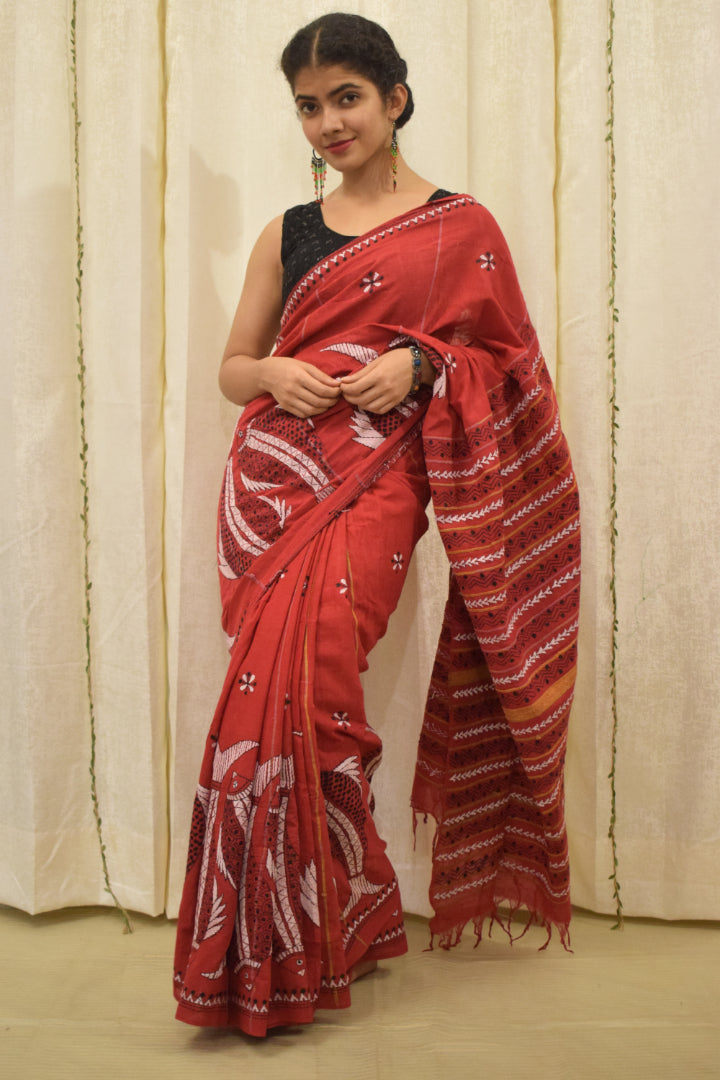 Lohita: Red khadi cotton kantha saree