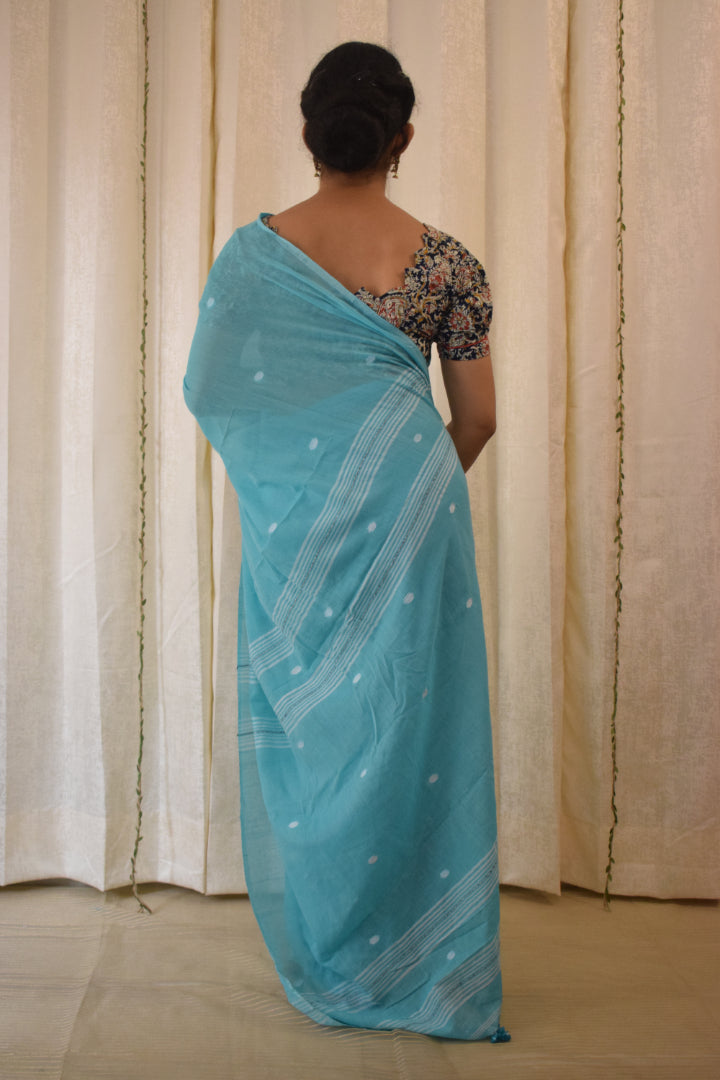 Pavani:  Turqoise Blue Mulmul Buti Saree