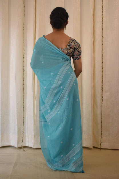 Pavani:  Turqoise Blue Mulmul Buti Saree