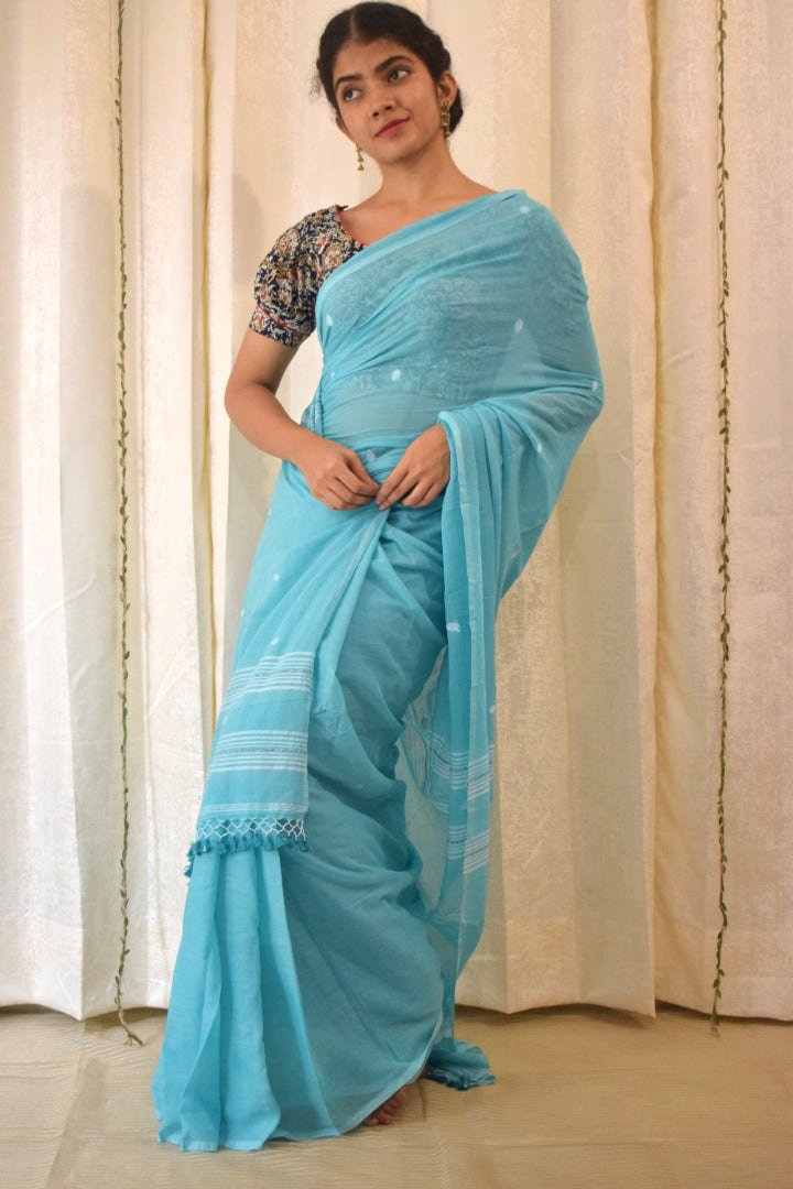 Pavani:  Turqoise Blue Mulmul Buti Saree