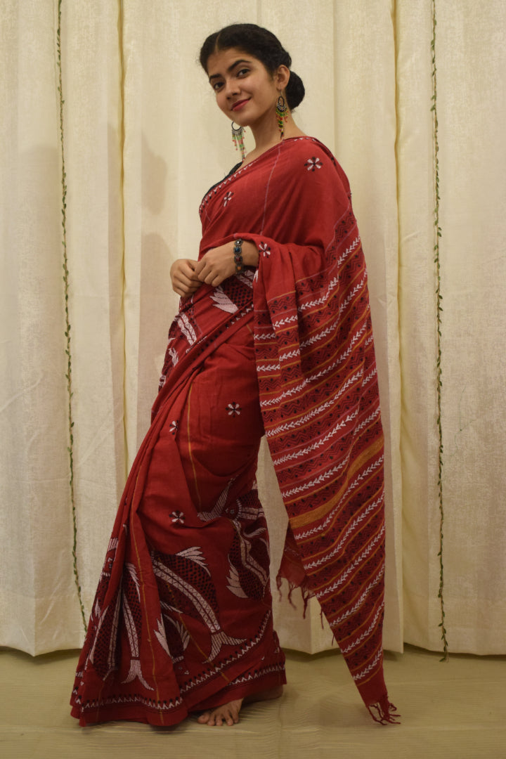 Lohita: Red khadi cotton kantha saree