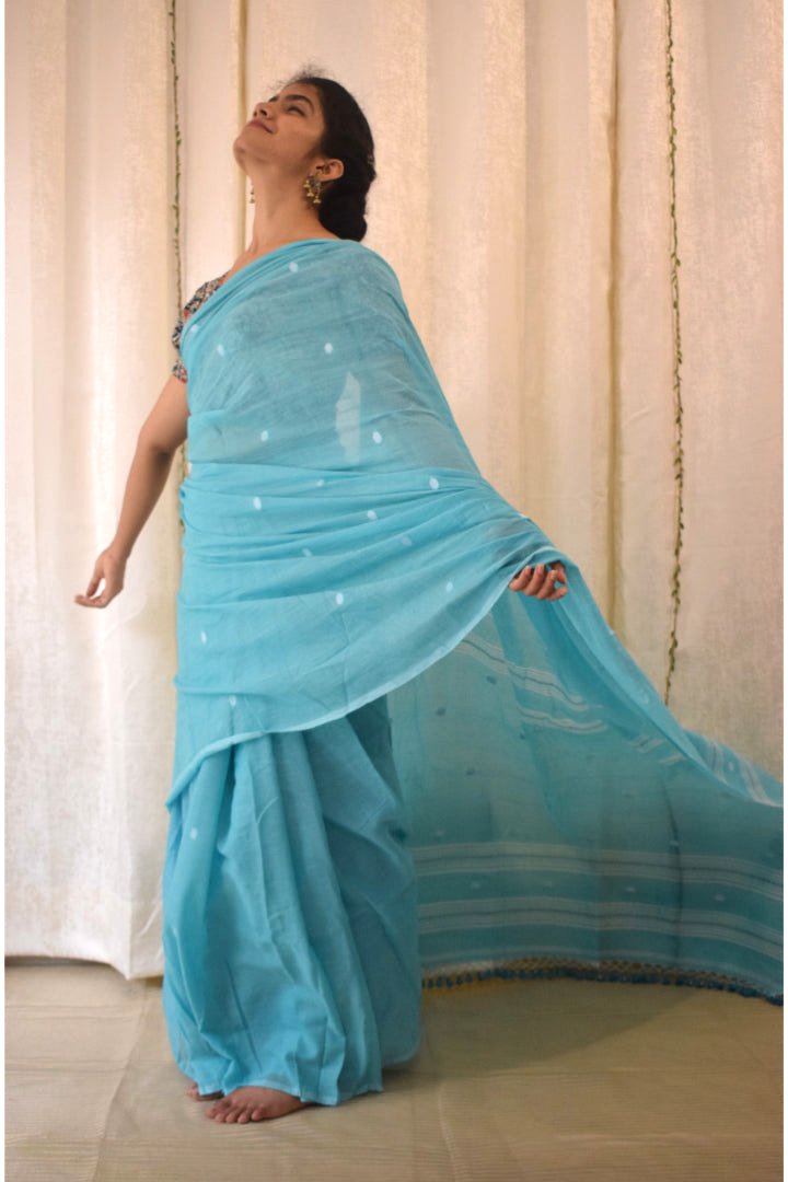 Pavani:  Turqoise Blue Mulmul Buti Saree