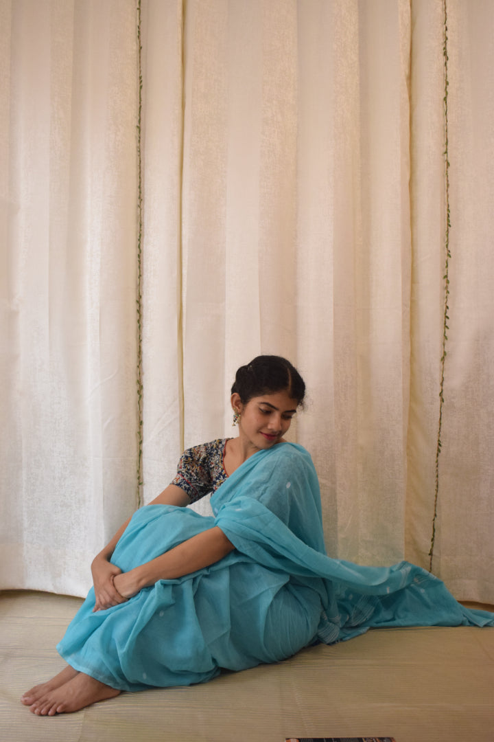 Pavani:  Turqoise Blue Mulmul Buti Saree