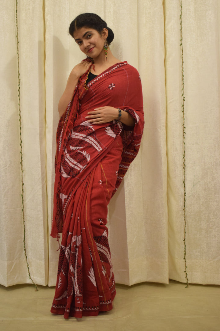 Lohita: Red khadi cotton kantha saree