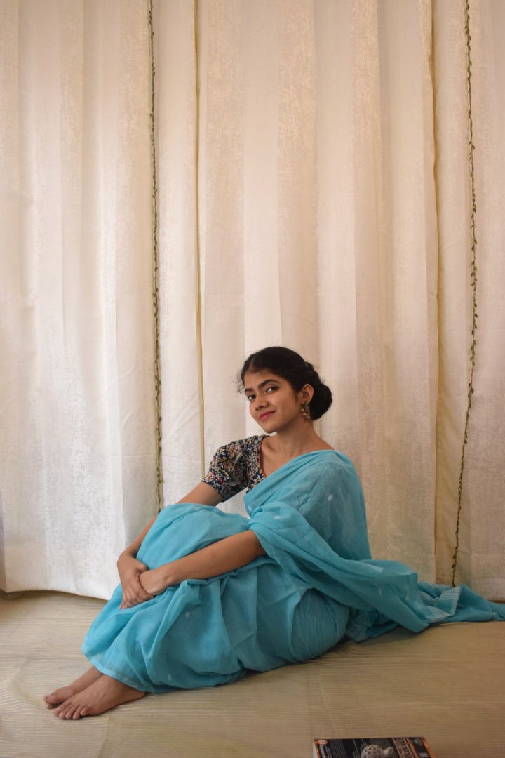 Pavani:  Turqoise Blue Mulmul Buti Saree