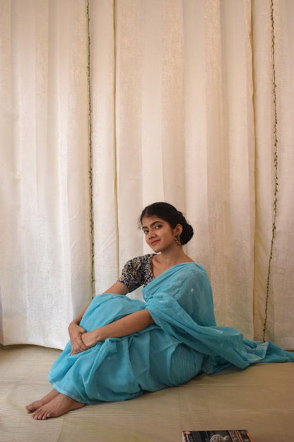 Pavani:  Turqoise Blue Mulmul Buti Saree