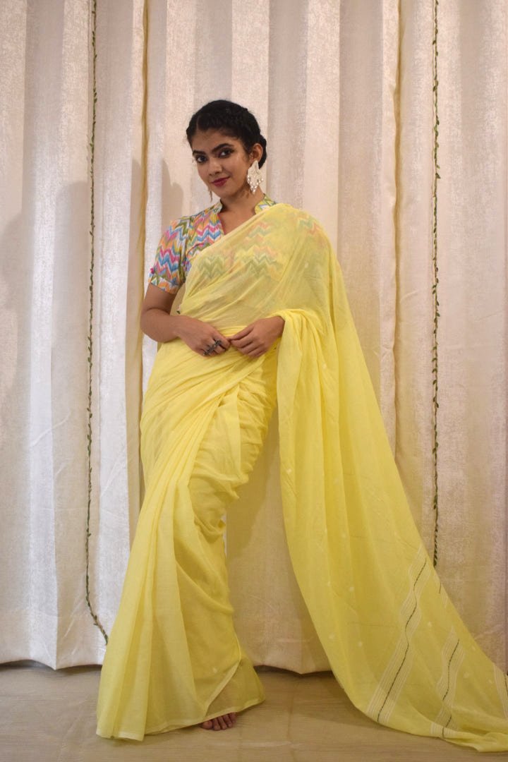 Harshita: Yellow Mulmul Buti Saree