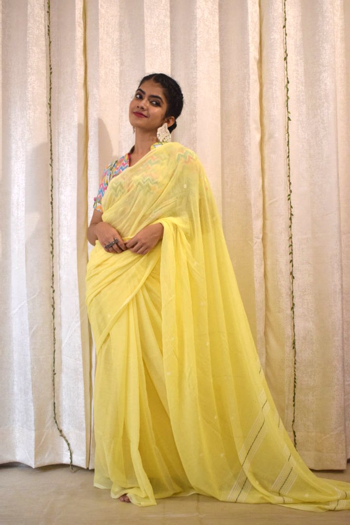 Harshita: Yellow Mulmul Buti Saree