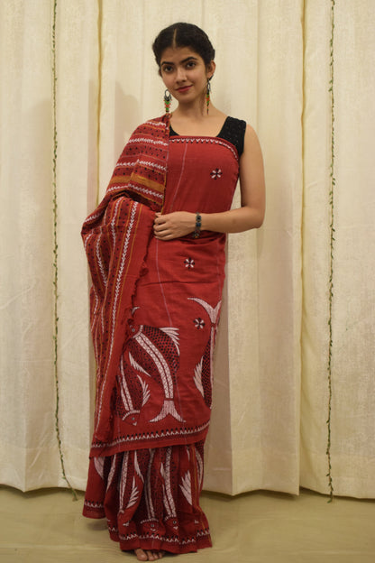 Lohita: Red khadi cotton kantha saree