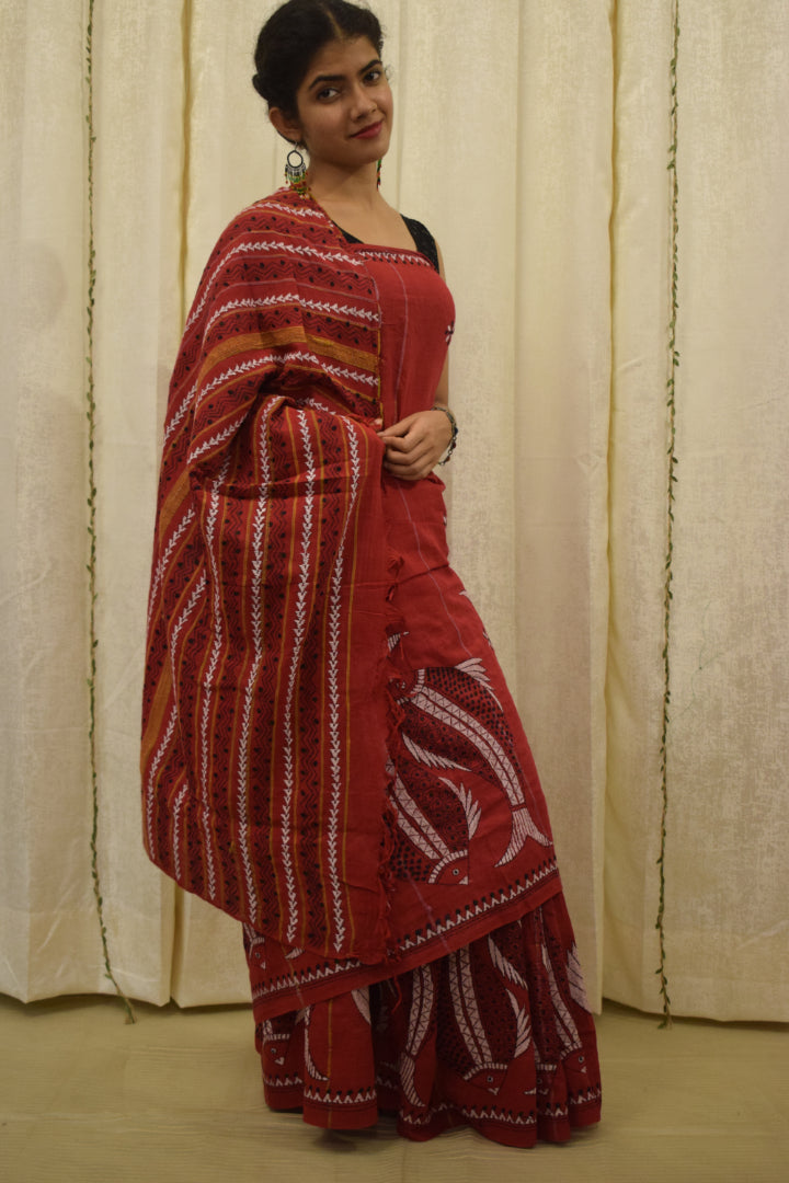 Lohita: Red khadi cotton kantha saree