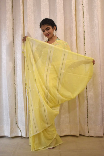 Harshita: Yellow Mulmul Buti Saree