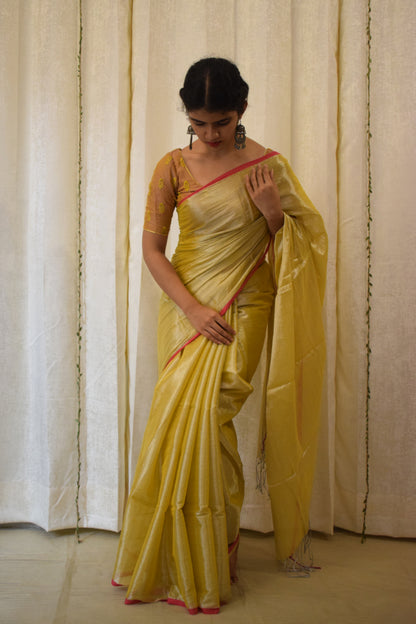 Ābhā: Subtle Gold Zari-Linen Tissue Saree