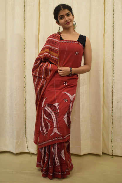 Lohita: Red khadi cotton kantha saree