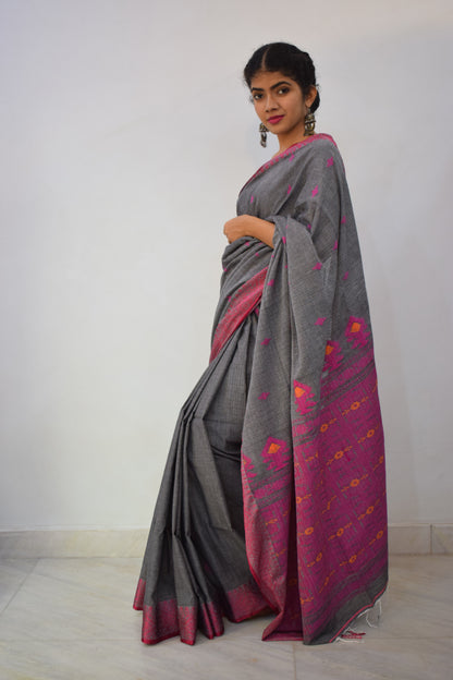 Deveshi- Grey & Pink Khadi Kota Cotton Jamdani Saree