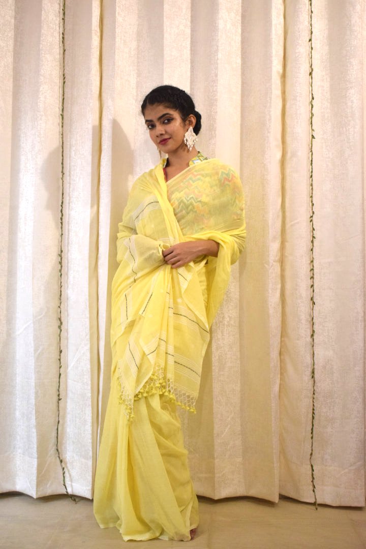 Harshita: Yellow Mulmul Buti Saree