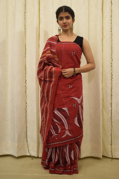 Lohita: Red khadi cotton kantha saree