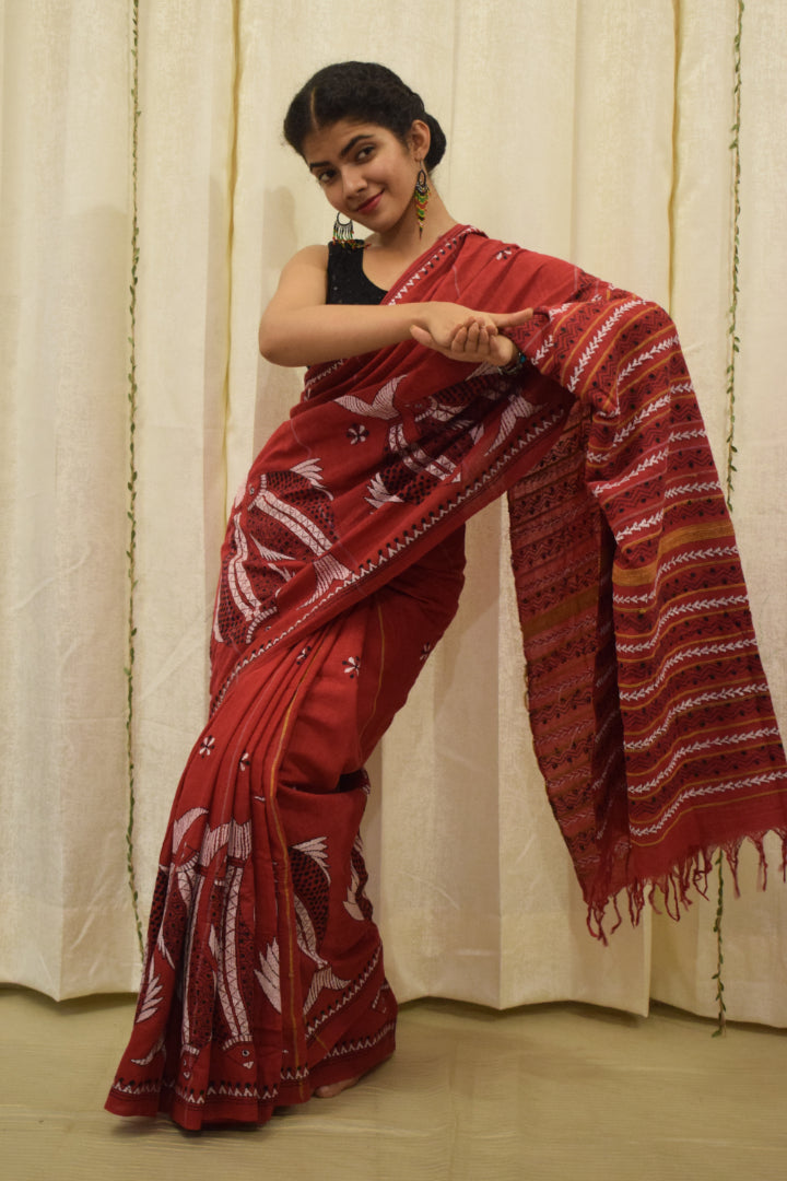 Lohita: Red khadi cotton kantha saree