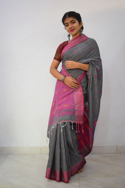 Deveshi- Grey & Pink Khadi Kota Cotton Jamdani Saree