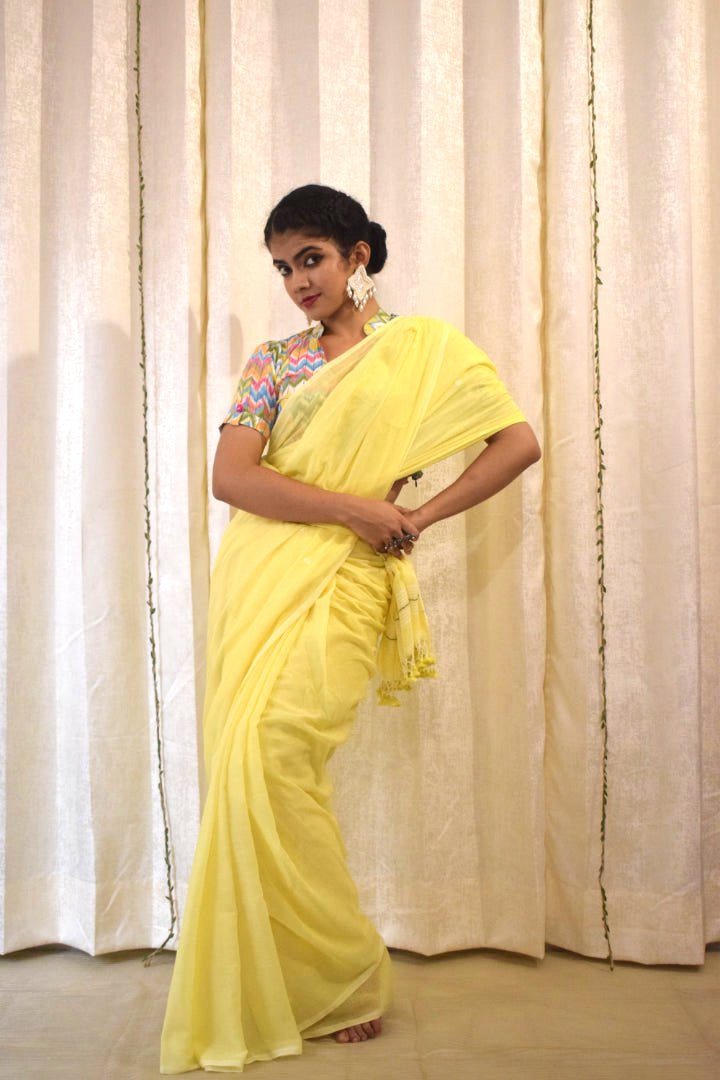 Harshita: Yellow Mulmul Buti Saree