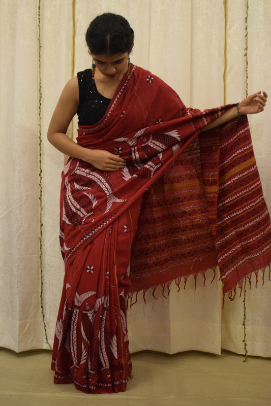 Lohita: Red khadi cotton kantha saree