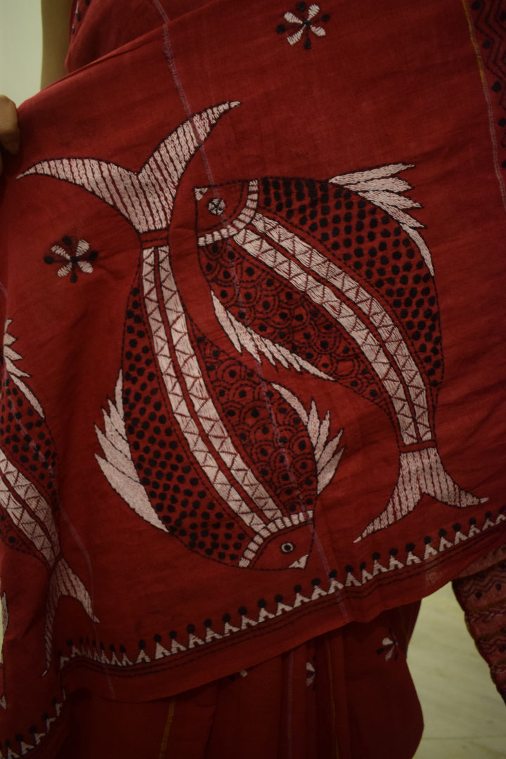 Lohita: Red khadi cotton kantha saree