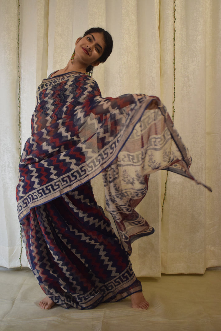 Viyā: Maroon & Indigo Kota Doria Saree