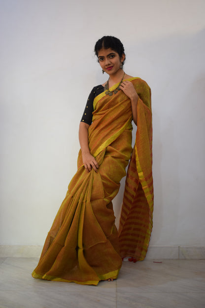 Swarnābhā- Golden Brown Linen Zari Saree