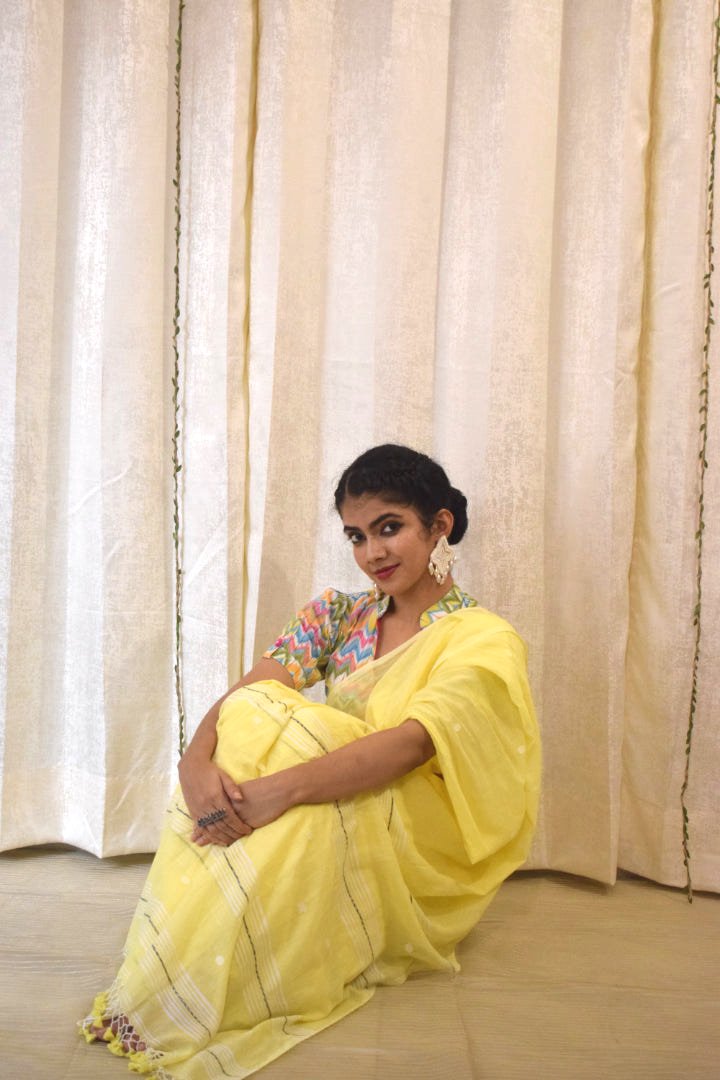 Harshita: Yellow Mulmul Buti Saree