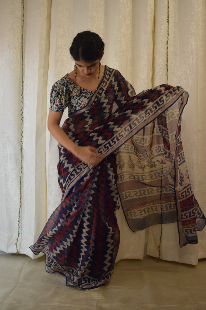 Viyā: Maroon & Indigo Kota Doria Saree