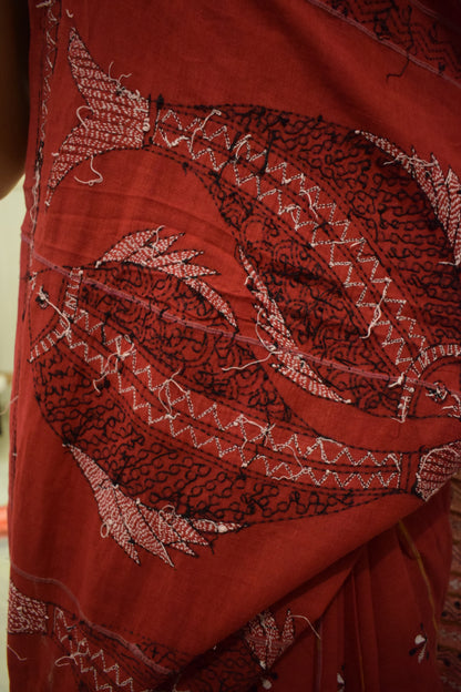 Lohita: Red khadi cotton kantha saree