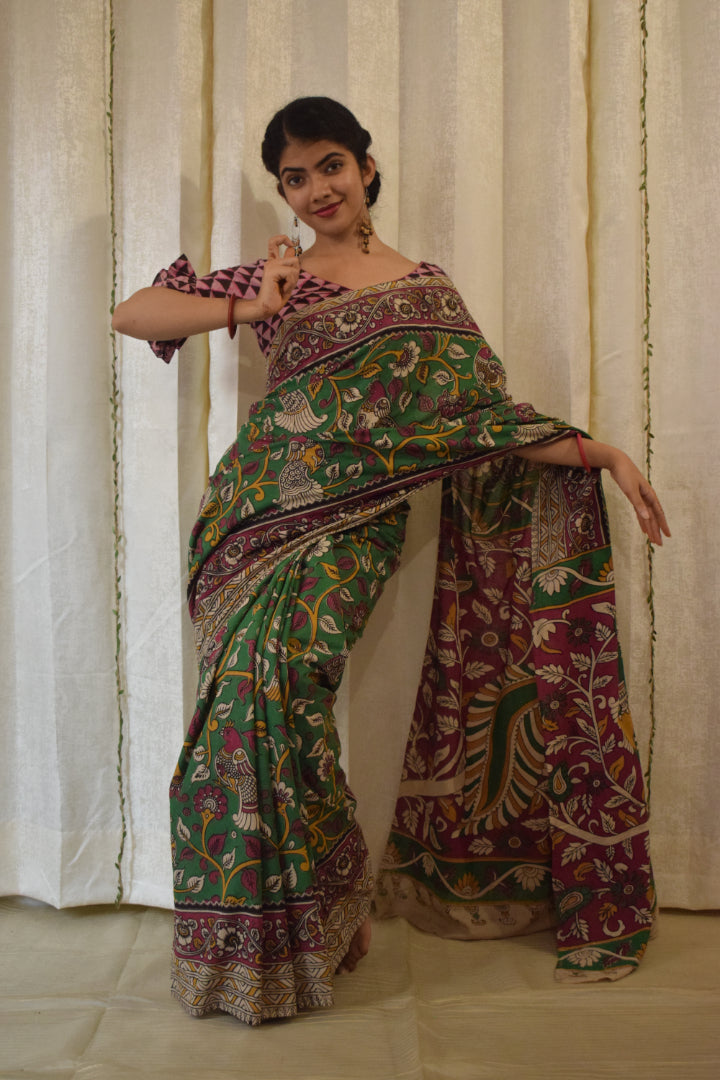 Āranya: Green Cotton Kalamkari Saree