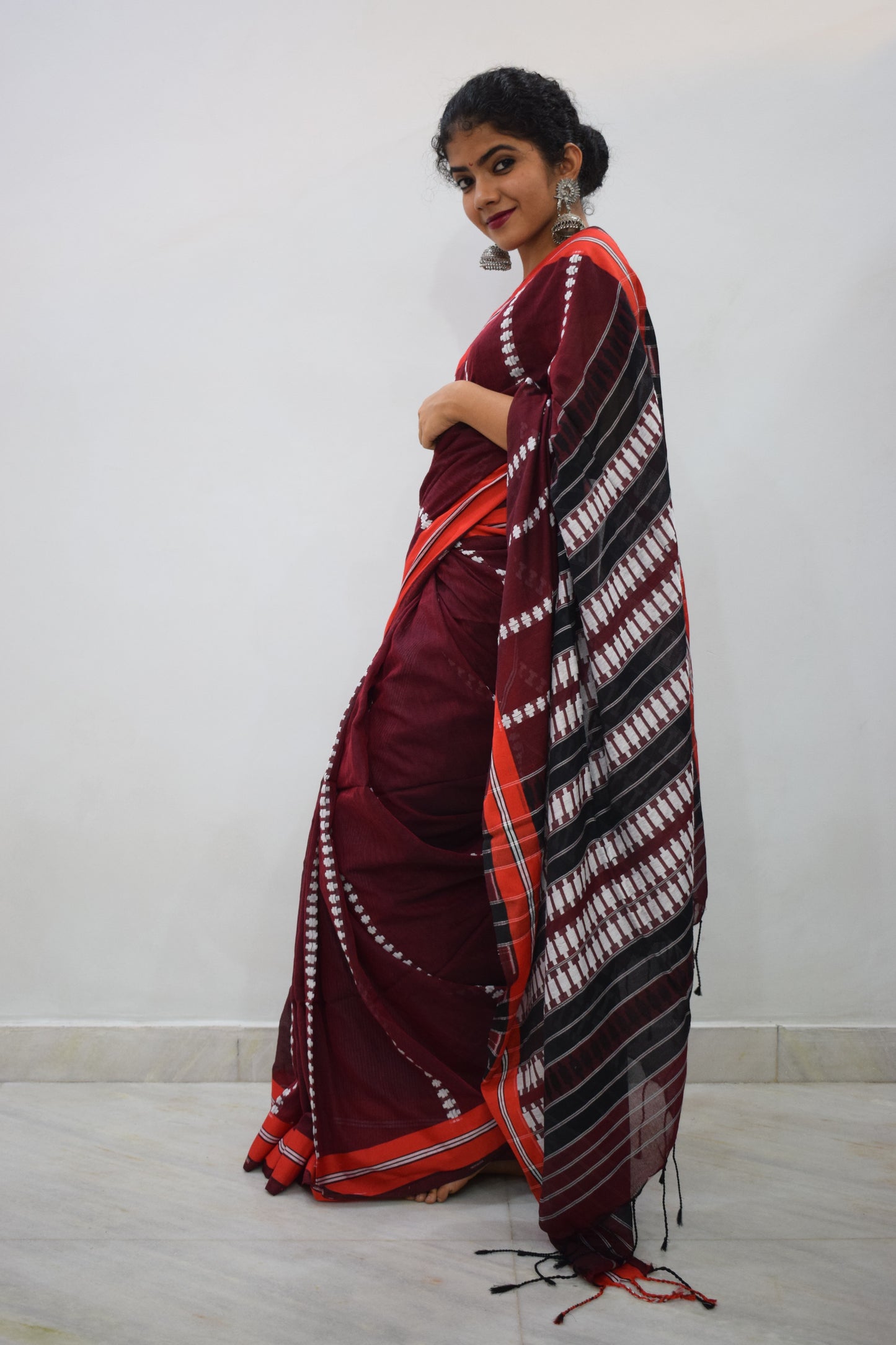 Āditiri: Maroon Begumpuri Cotton Saree