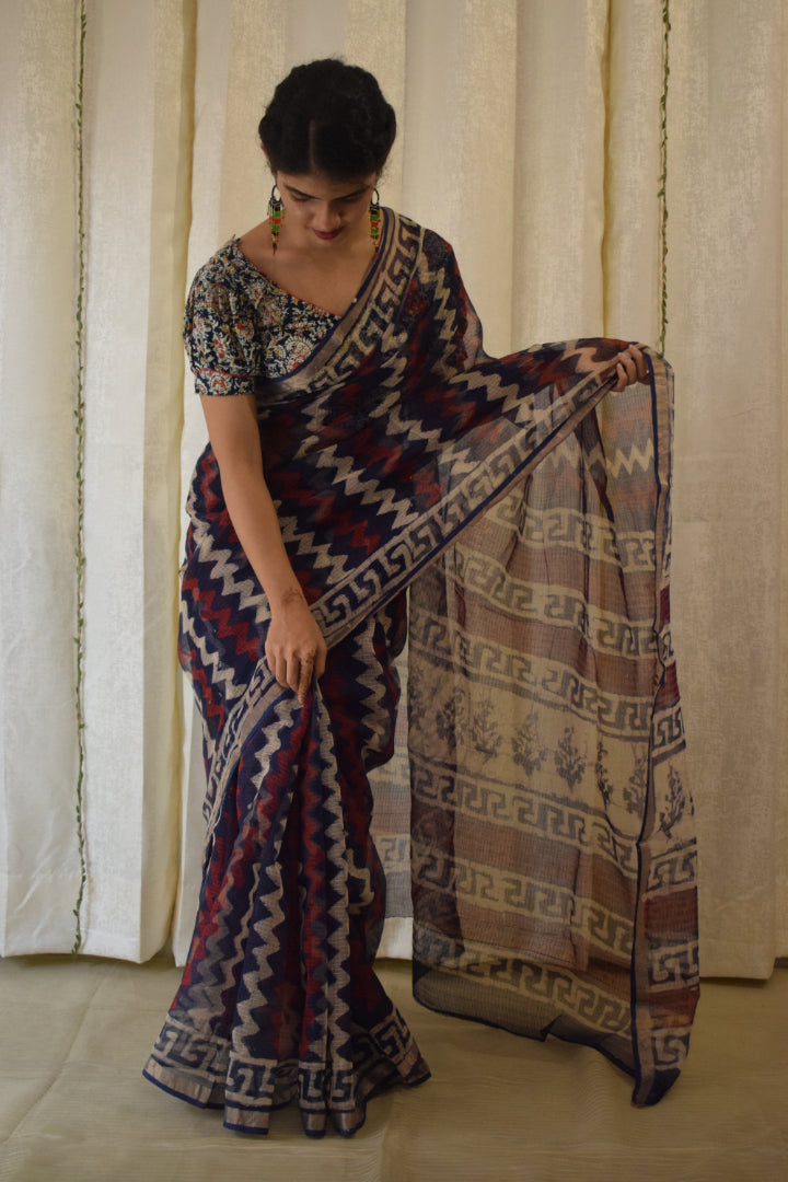 Viyā: Maroon & Indigo Kota Doria Saree