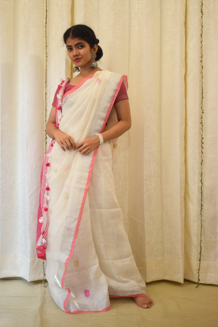 Chandrika: Porcelain White Linen Jamdani Saree