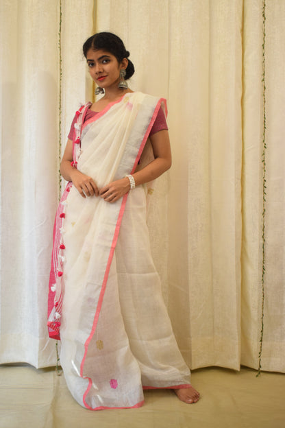 Chandrika: Porcelain White Linen Jamdani Saree