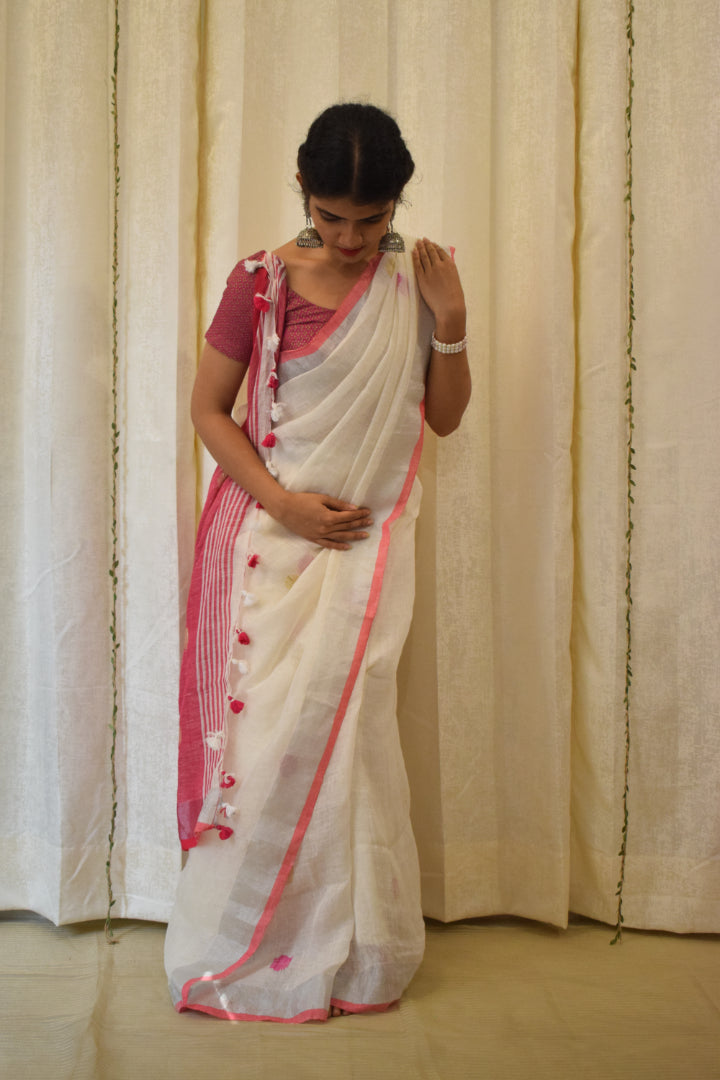 Chandrika: Porcelain White Linen Jamdani Saree