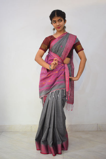 Deveshi- Grey & Pink Khadi Kota Cotton Jamdani Saree