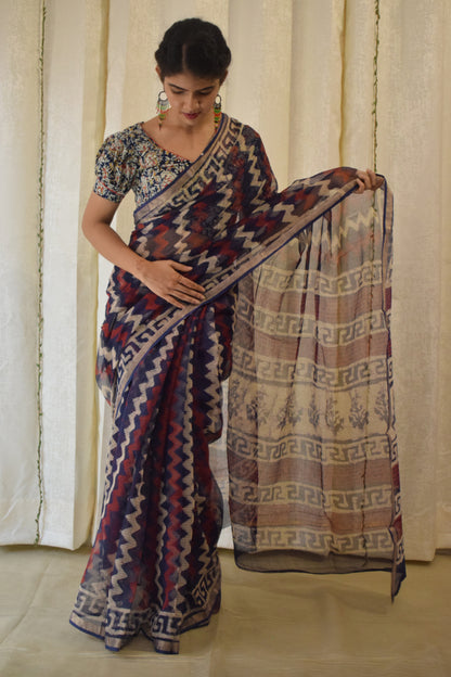 Viyā: Maroon & Indigo Kota Doria Saree