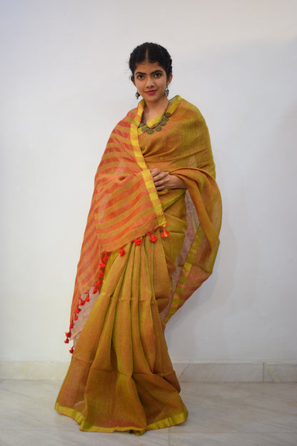 Swarnābhā- Golden Brown Linen Zari Saree