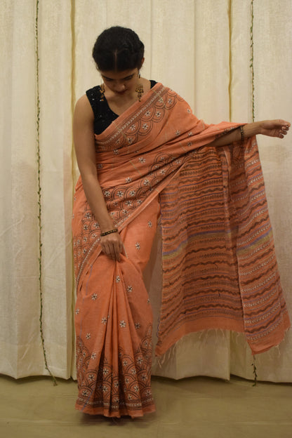 Vaidehi: Tropical Peach Khadi Cotton Kantha Saree