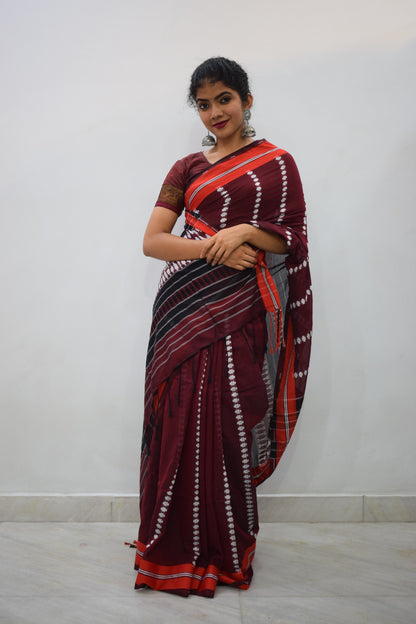 Āditiri: Maroon Begumpuri Cotton Saree