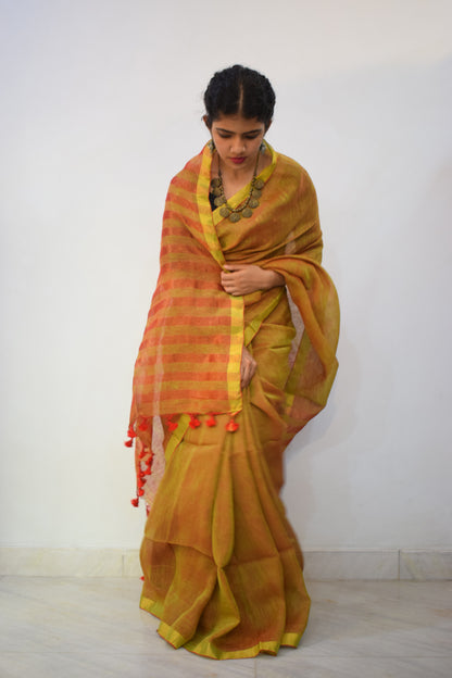 Swarnābhā- Golden Brown Linen Zari Saree