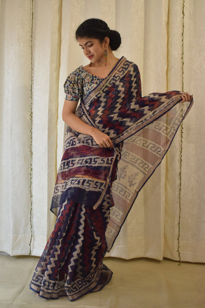 Viyā: Maroon & Indigo Kota Doria Saree